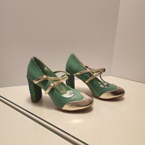 Modcloth Dancing Days by Banned T-Strap Silver and Teal Glitter Heels